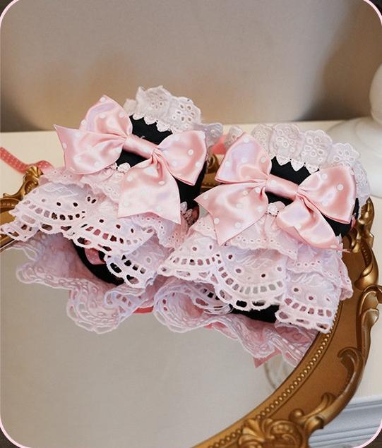 Maiden's Heart Knot - Old School Lolita Polka Dot Bow Accessories with Ruffles Deep Pink A Pair of Cuffs