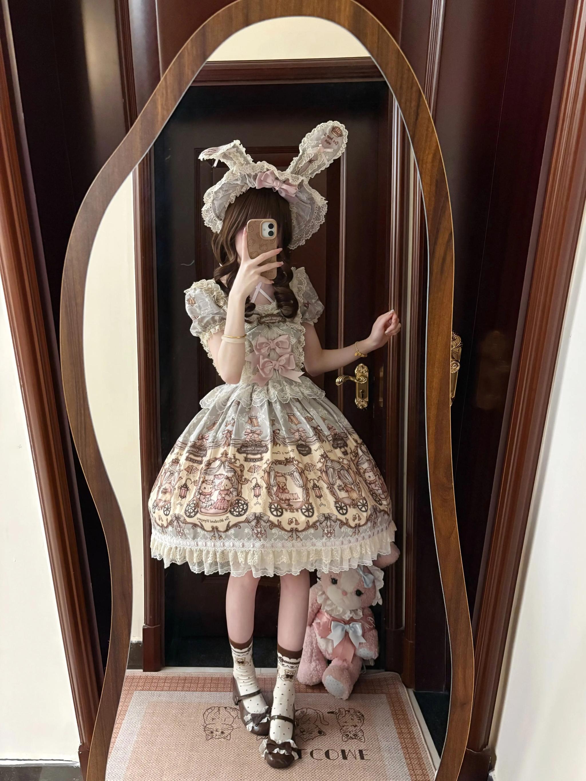 Bunny and Bear - Printed Sweet Lolita Dress, Lace and Bow Details Green OP Only S