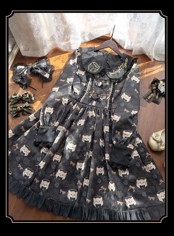 Tiger in Autumn - Kawaii Lolita OP Dress Set, Tiger Print Black Dress Only S
