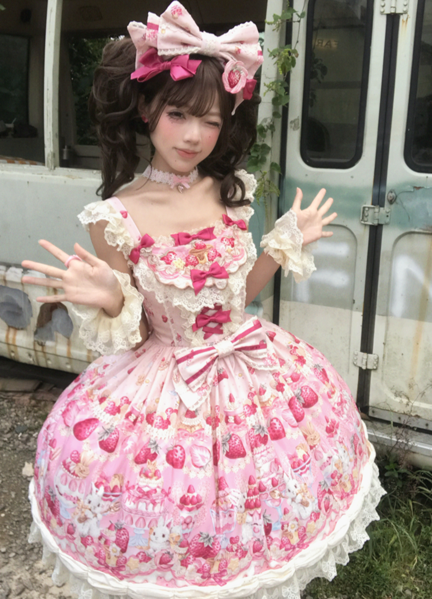 Bavarois Dessert Bunny - Sweet Lolita Strawberry Print JSK Dress 45546:855040