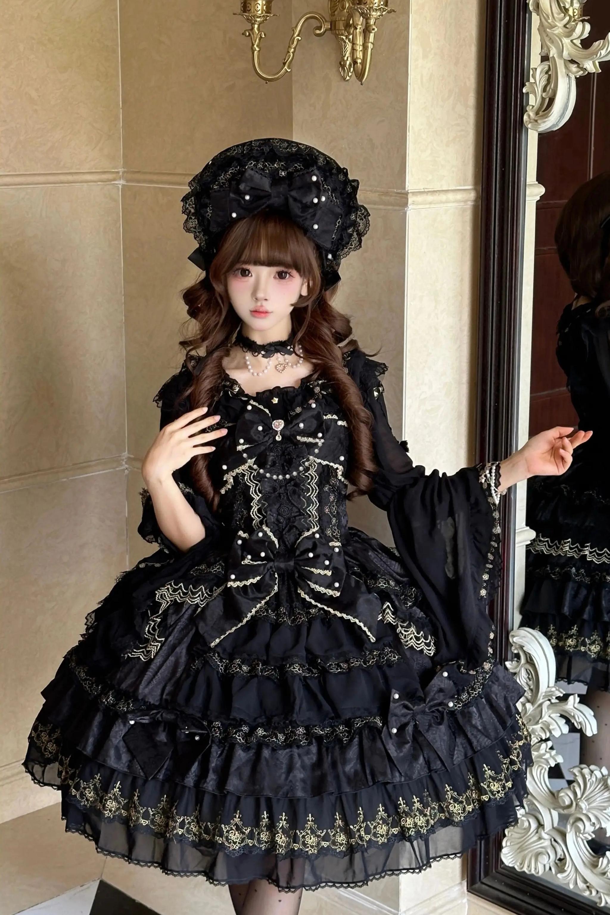 Slumbering Pearl Curtain - Sweet Lolita JSK Dress, Pearl Bows and Layered Lace 45780:862497