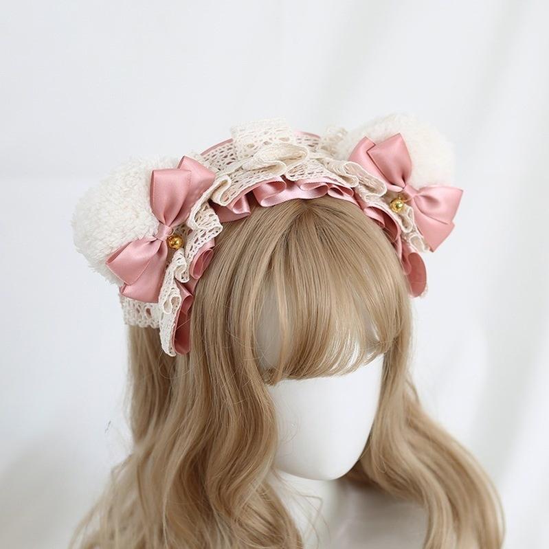 Xiaogui - Sweet Lolita KC With Bear Ear and Removable Bell White Bear Ears (Soft Pink Bow)