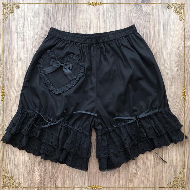 Candy Sweet - Cotton Lolita Bloomers Lace Home Shorts black with black lace L