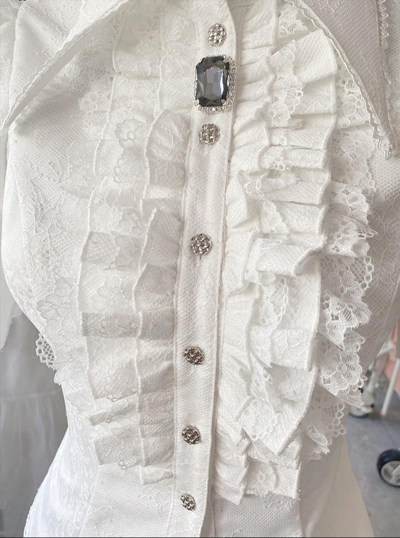 Chill Rice - Jacquard Long Sleeve Ouji Lolita Blouse, Tail Accent White - Long Sleeve Blouse (short version) S