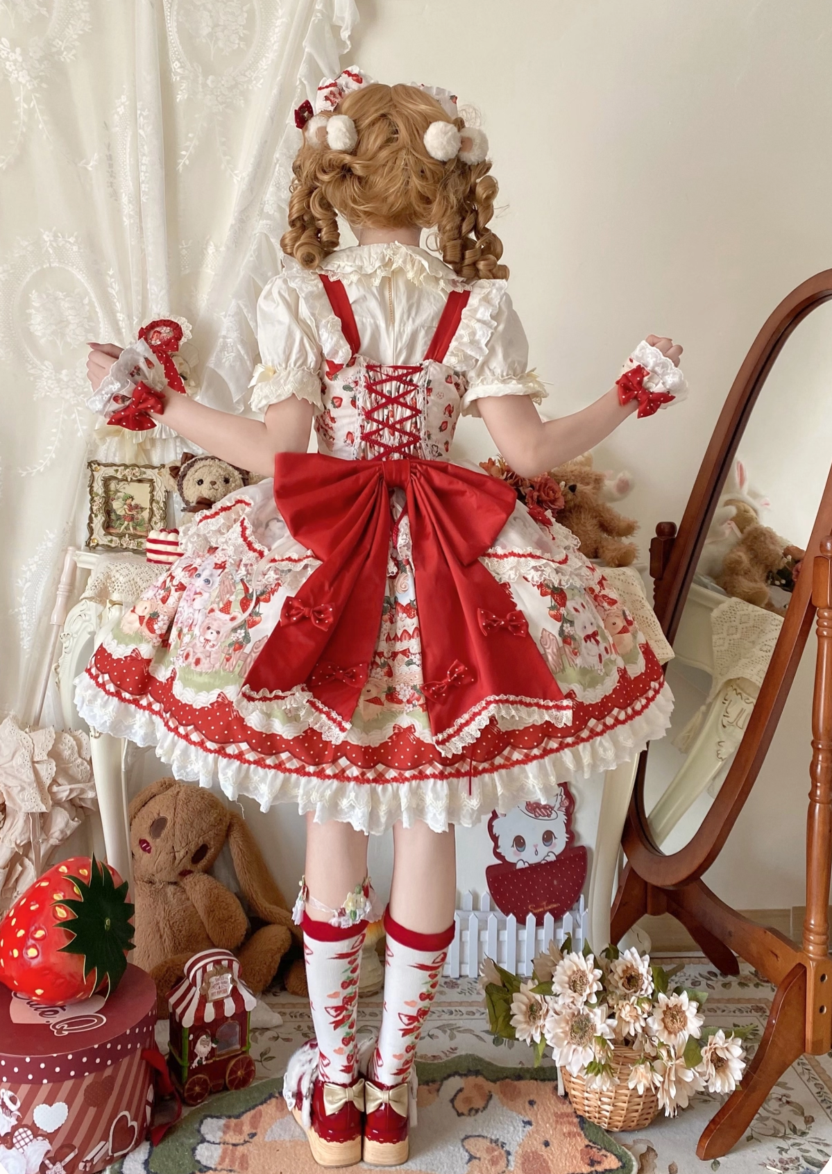 Strawberry Cat - Printed Sweet Lolita JSK Dress, Embroidered Strawberry