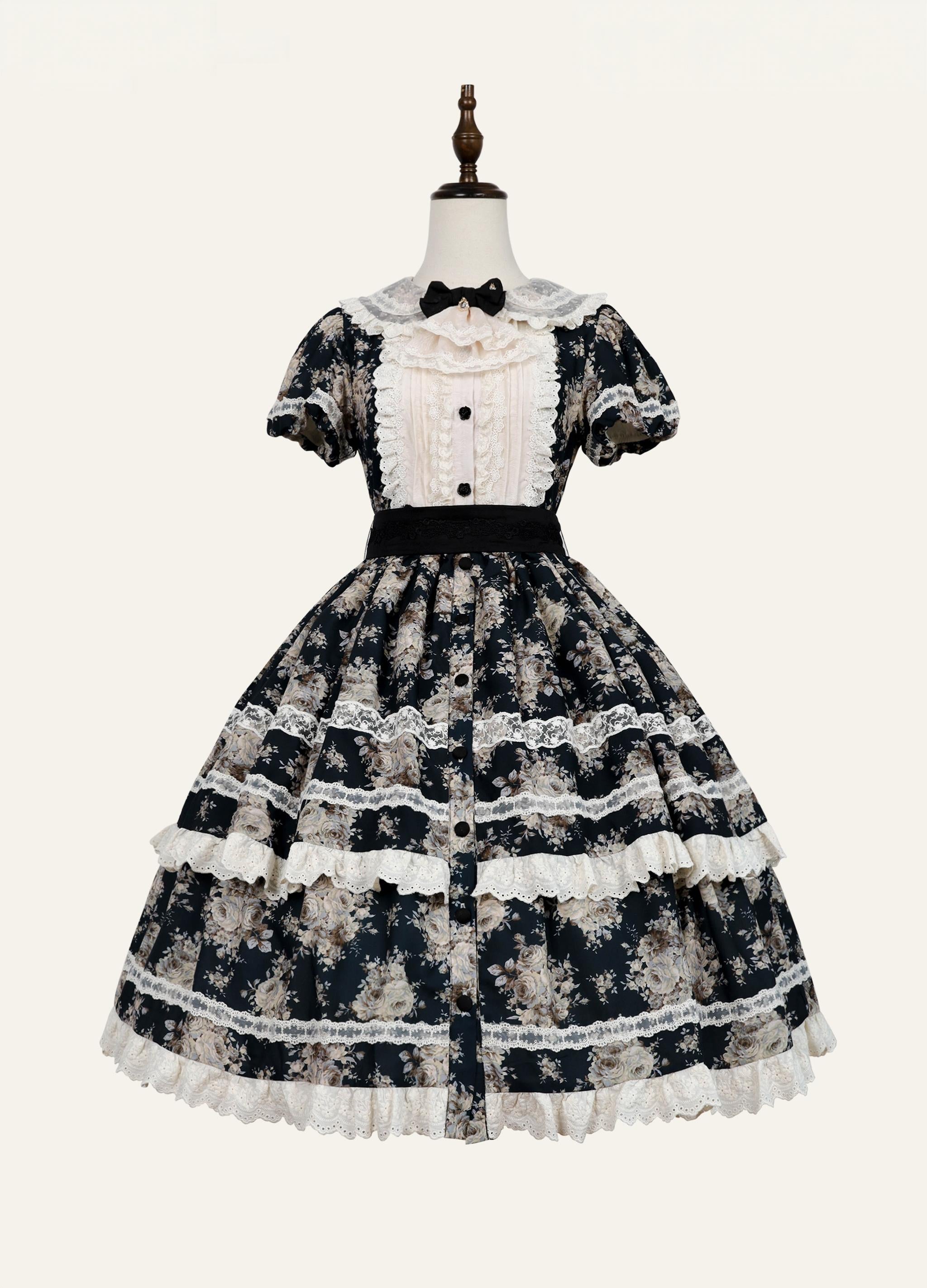 Black Rose - Printed Old School Lolita Dress, Front Opening (L M S XL XS) 44636:817128