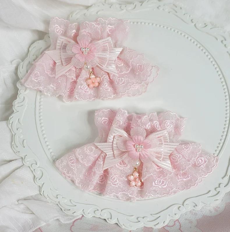 Sakura Pink Sweet Lolita Lace Cuffs, Floral Pendant A Pair of Pink Bowknot Cuffs (with floral accent on the bow)