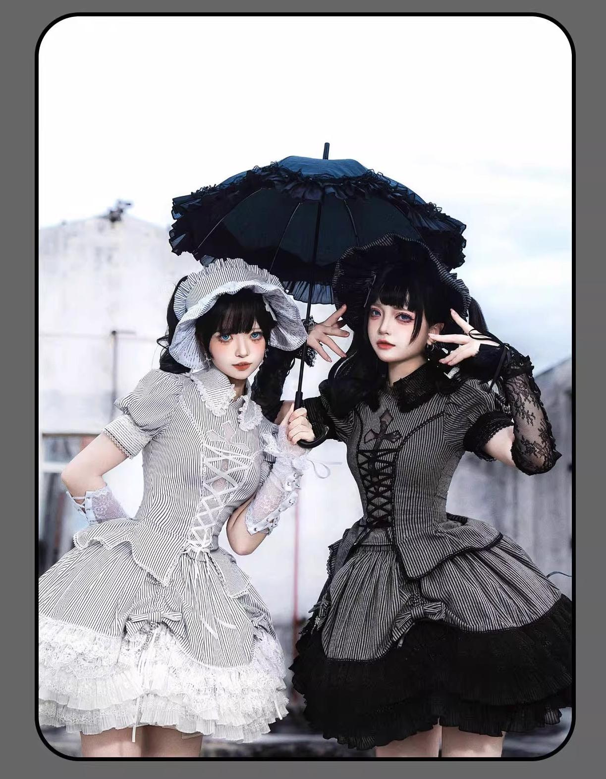 Susin Lolita - Striped Cross - Gothic Coordinated Lolita Set, Adjustable Blouse & Skirt 43331:773970