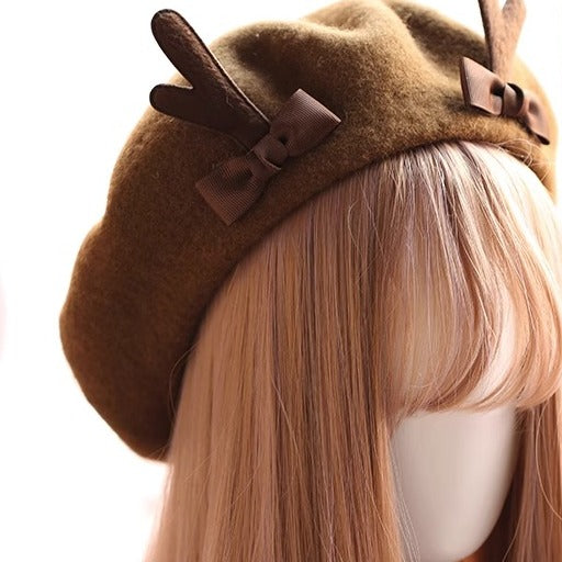 Xiaogui - Kawaii Lolita Deer Horn Beret Christmas Multicolors M coffee color