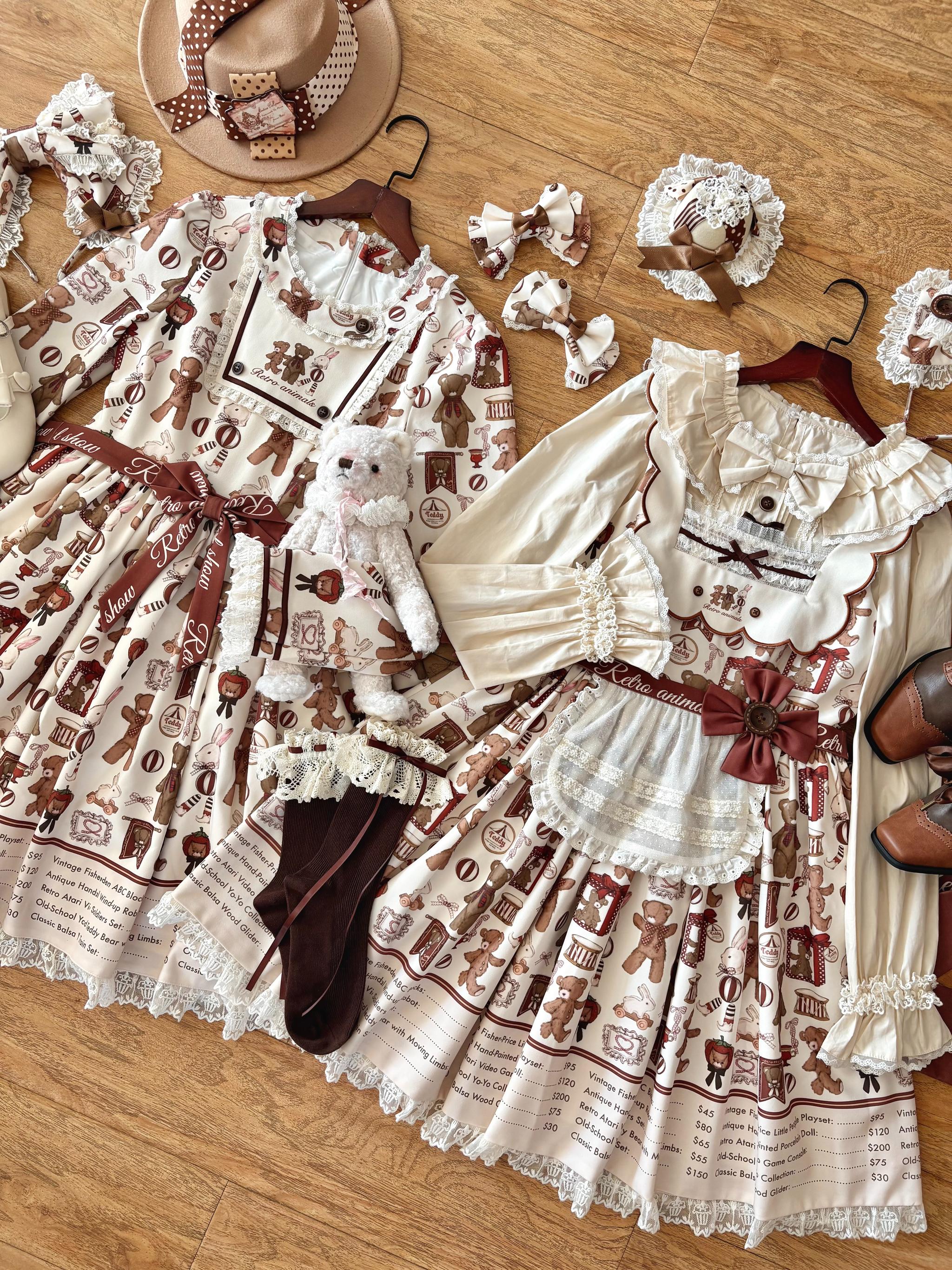 Fairyfaith - Little Bear Daily - Kawaii Lolita Embroidered JSK & OP Dress, Bear Print 44384:806257