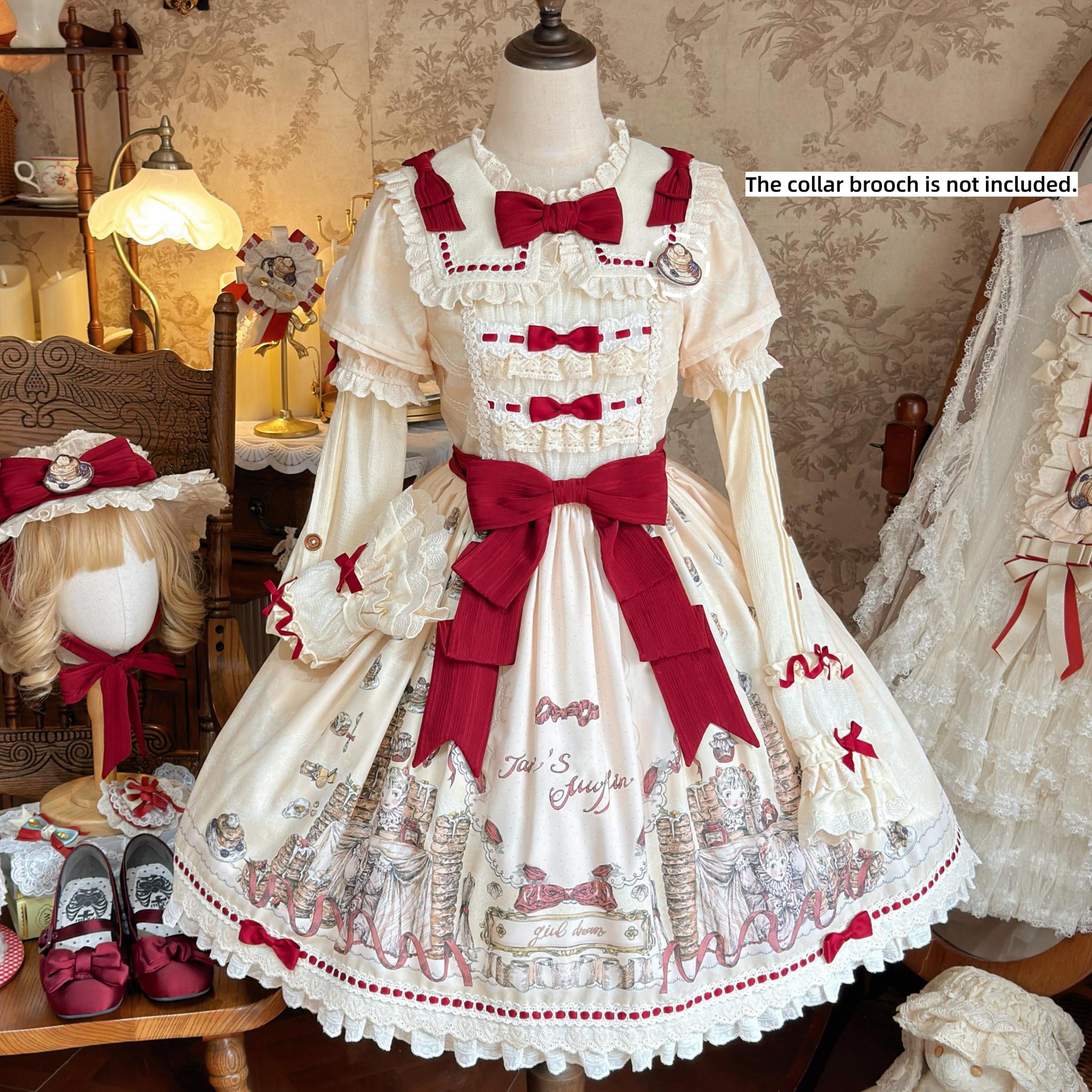 Pancake Postman - Kawaii Lolita Printed OP & Salopette Dress, Lace & Bows (L M S XL) 45174:838706
