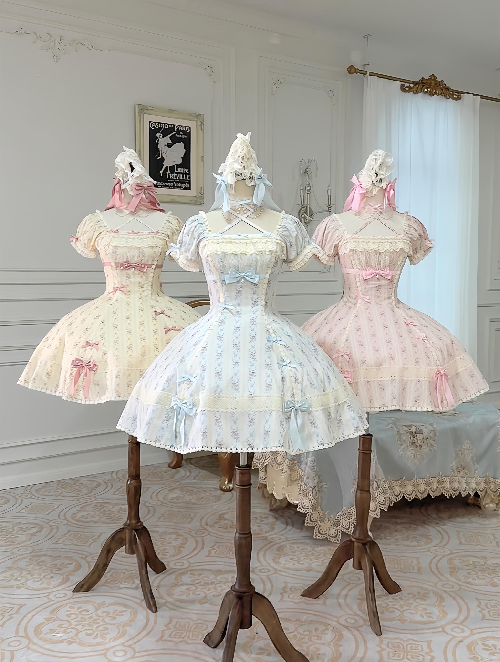 Garden Encounter of Three Springs - Cotton Old School Lolita Floral Print OP, Lace Back Opening 45674:858672