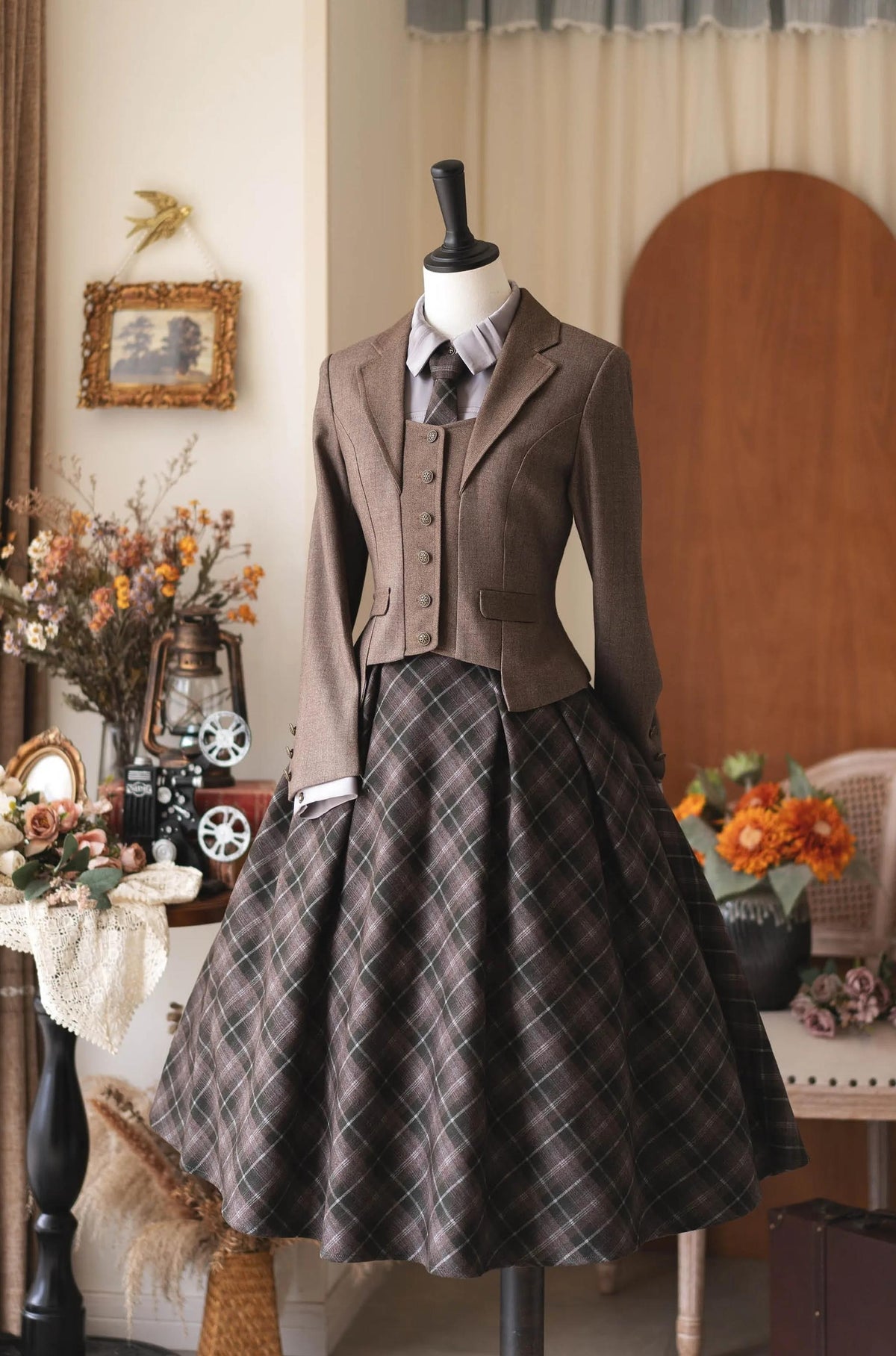 Forest Beats - Elegant Classic Lolita Suspenders Skirt, Plaid Pattern 46082:874455