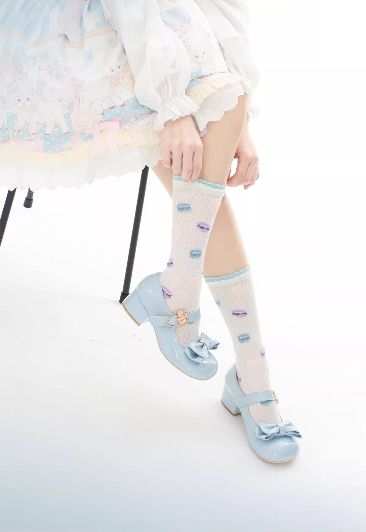 Sheep Puff~Hug Bear~Sweet Lolita Heel Shoes Bear Metal Buckle Bow Shoes 38702:597604