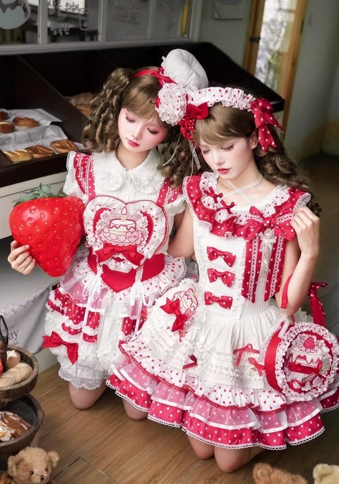 Shuang Sheng Xiao Xiong - Bite The Cake - Sweet Lolita Dress, Red & White Polka Dots 43600:780752