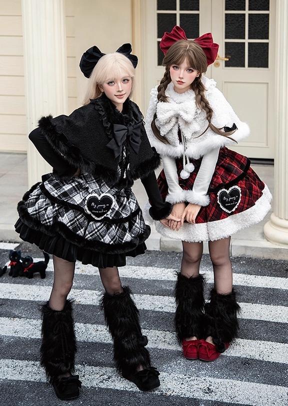 With PUJI - Snow Night Serenade - Fluffy Plaid Kawaii Lolita JSK, Reversible Cape 44279:802366