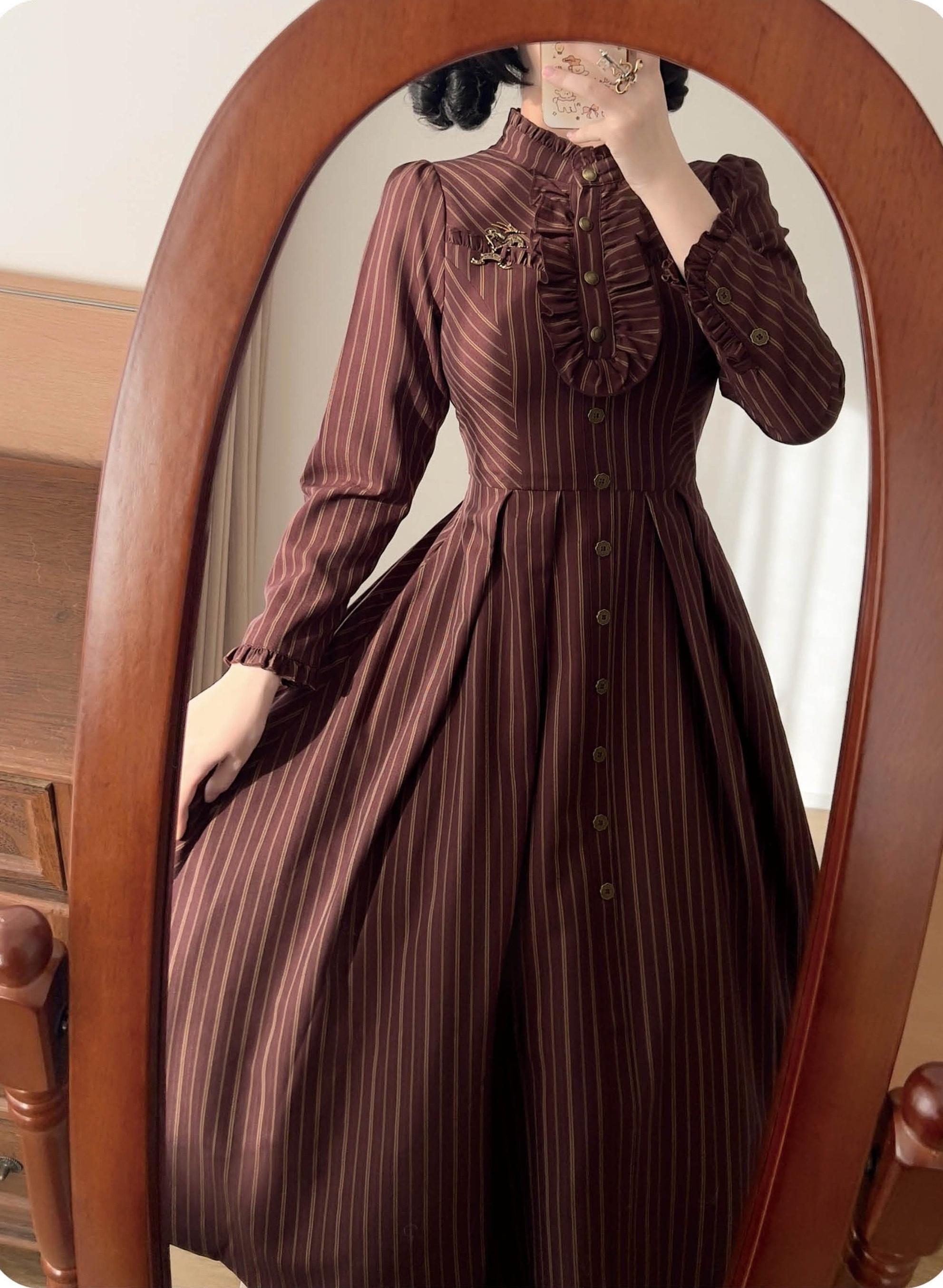 Forest Castle - Classic Lolita Long Striped Dress, Irregular Hem Vest 44441:809844