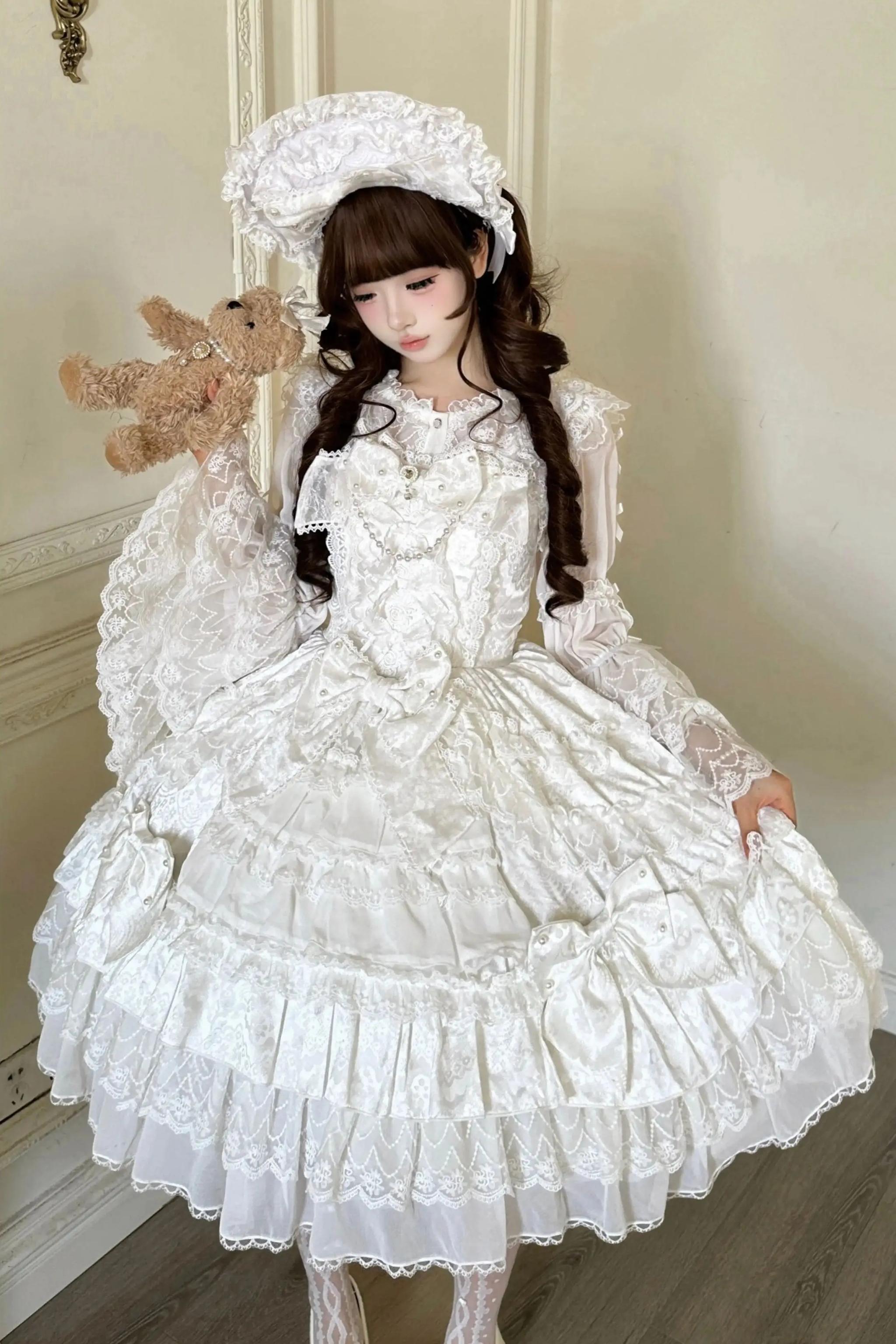 Slumbering Pearl Curtain - Sweet Lolita JSK Dress, Pearl Bows and Layered Lace (L M S) 45780:862498