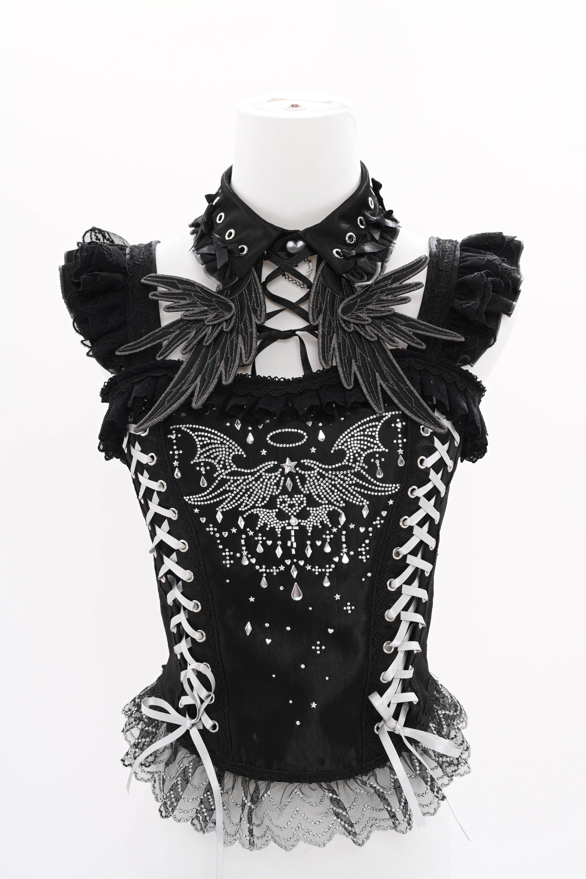 LustrE - Metallic Angel Black - Gothic Lolita Rhinestone Top & Ruffled Skirt Set 43991:791094