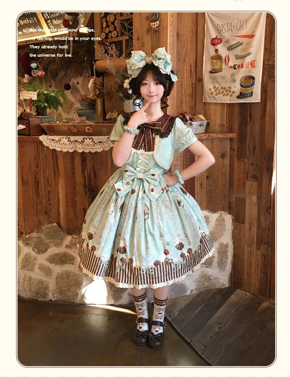 Dessert - Kawaii Lolita Sailor Collar OP Dress, Chocolate & Fork Print 44905:827108