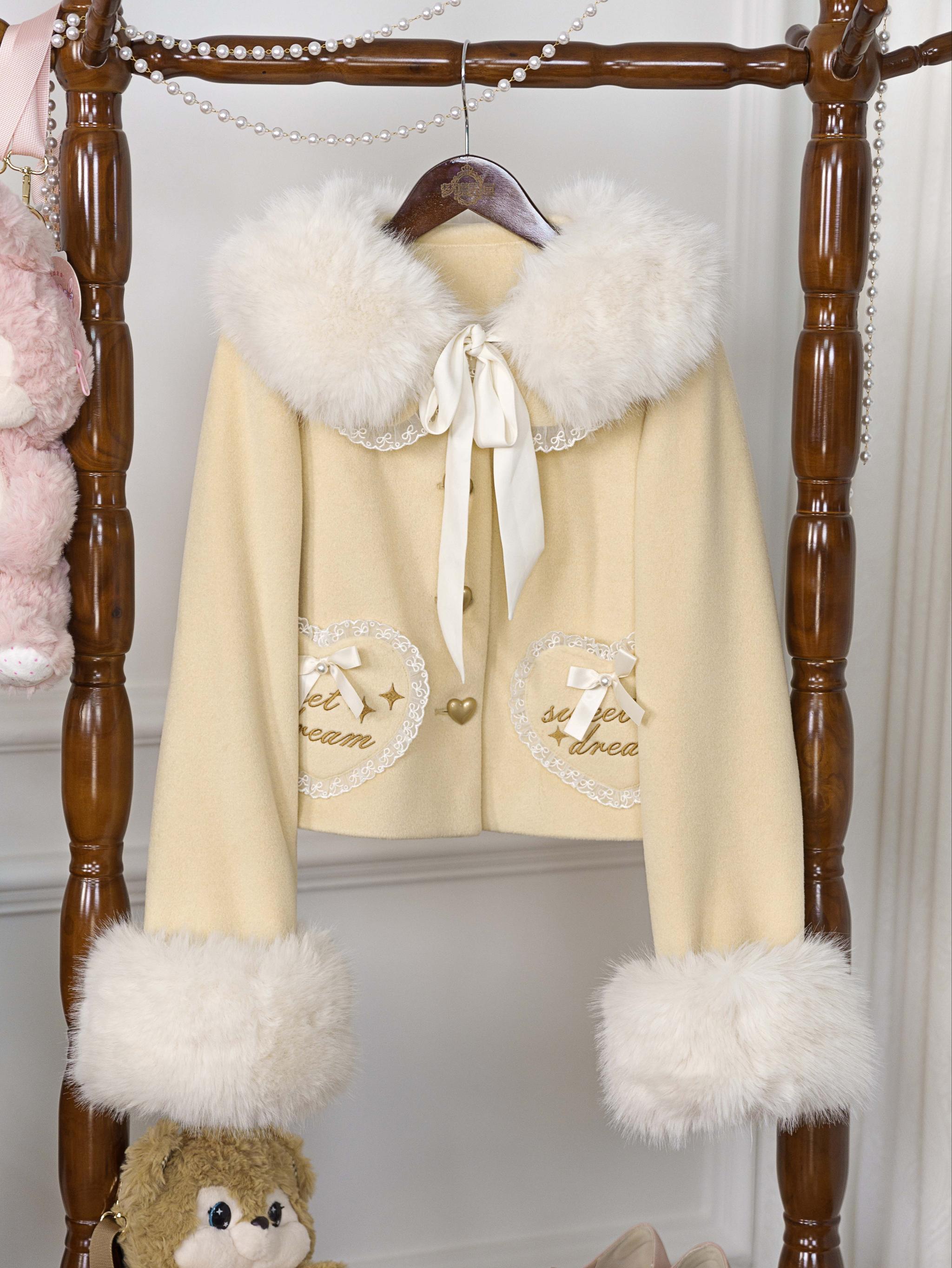 Dream Magic Box - Milk Puff - Winter Fleece-lined Sweet Lolita Coat, Detachable Collar