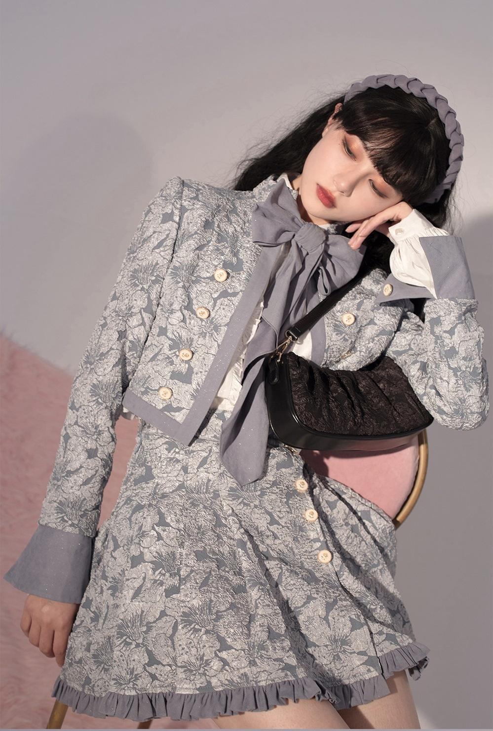 ZJstory - Gilded Age - Vintage Lolita Vest Suit Oil Painting Style Skirt Coat Grey-blue coat Only XS