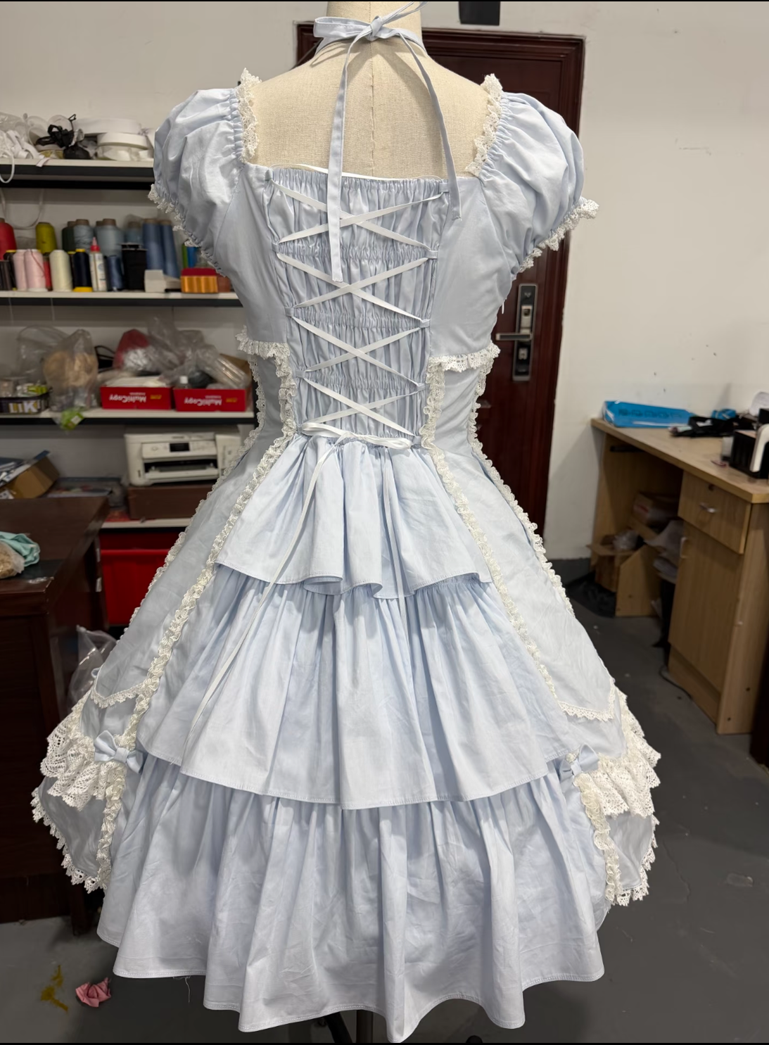 Cotton Old School Lolita Lace OP Dress, Three-tiered Back