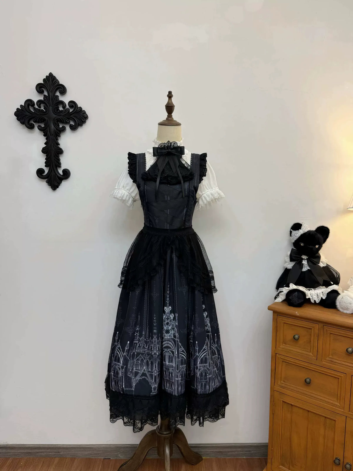 Silent Spire - Gothic Lolita Cathedral Print JSK & OP Dress Set, Side Pockets 45921:868206