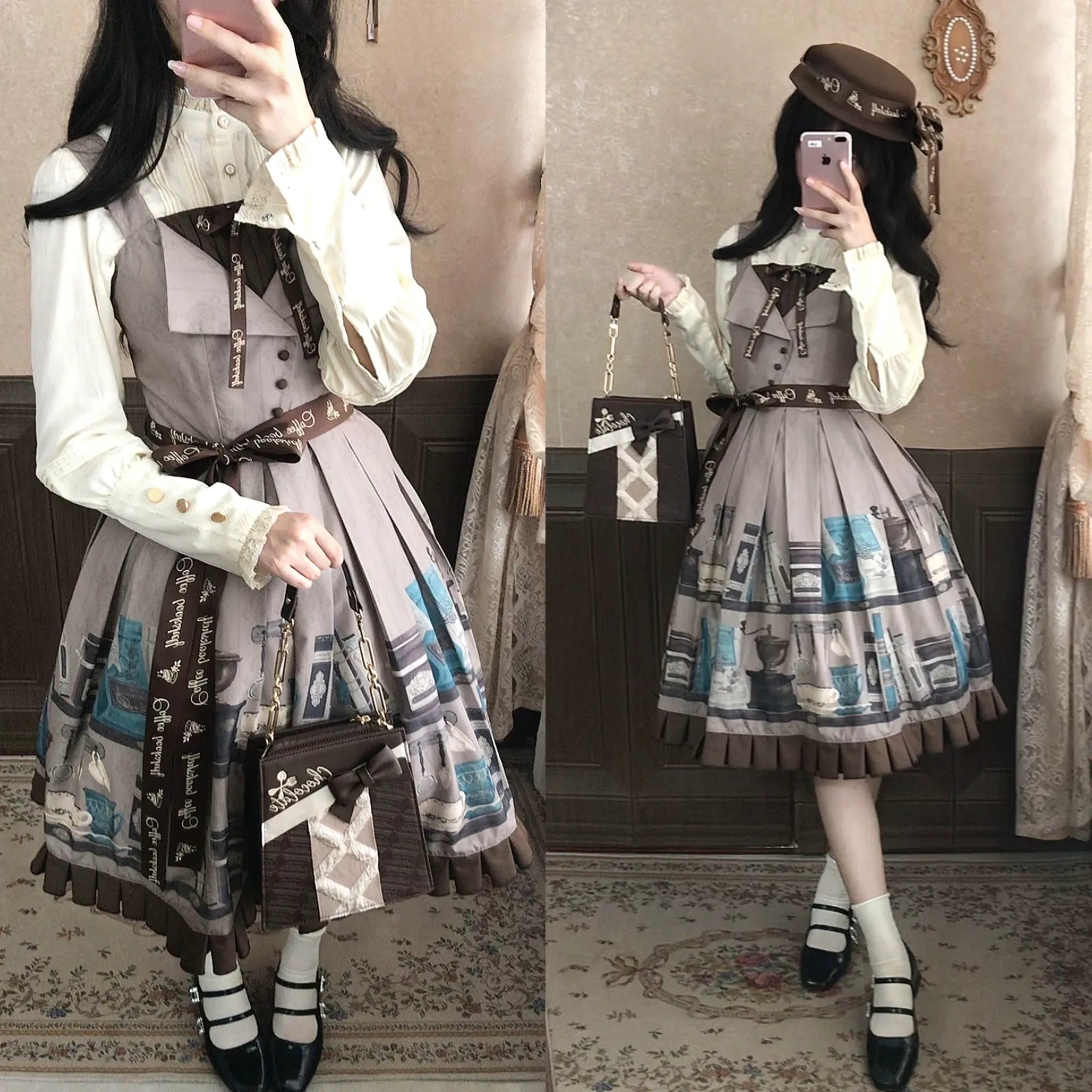 Coffee Bookshelf - Classic Lolita JSK and SK Set, Coffee Cup and Book Print (L M S XL) 45611:856198