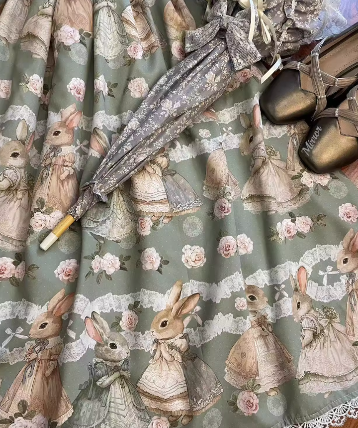 Fruit and rice - Tea Break Rabbit - Vintage Lolita JSK Rabbit Print Multicolors