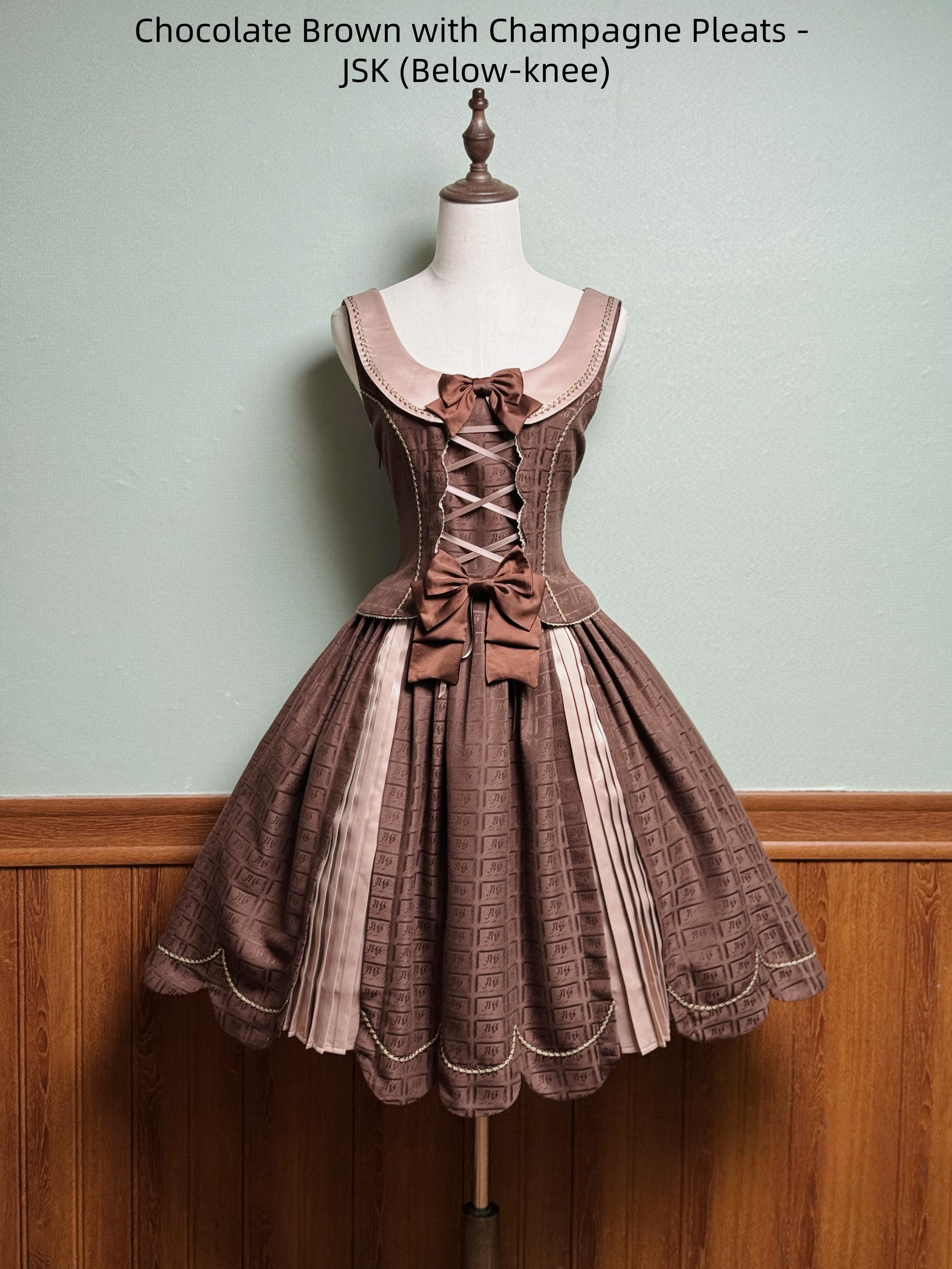 Alice Girl - Bear Chocolate Slab - Classic Lolita Pleated JSK & SK Dress, Side Zipper Chocolate Brown with Champagne Pleats - JSK (Below-knee) XS