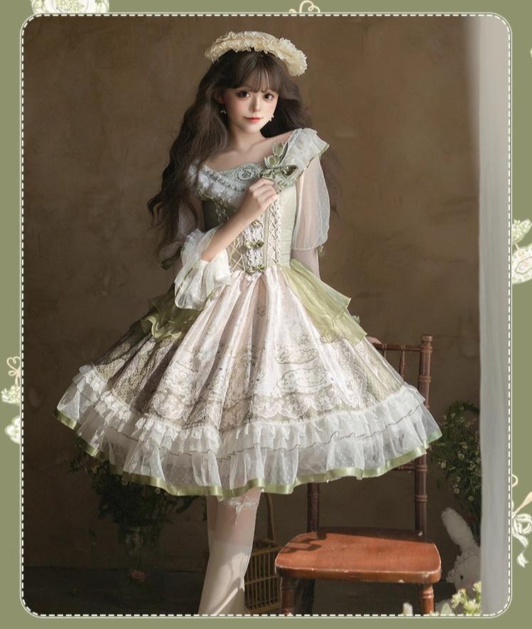 YingLuoFu - Teacup Bunny - Classic Lolita OP Dress, Fresh Green Floral Print 43263:783873