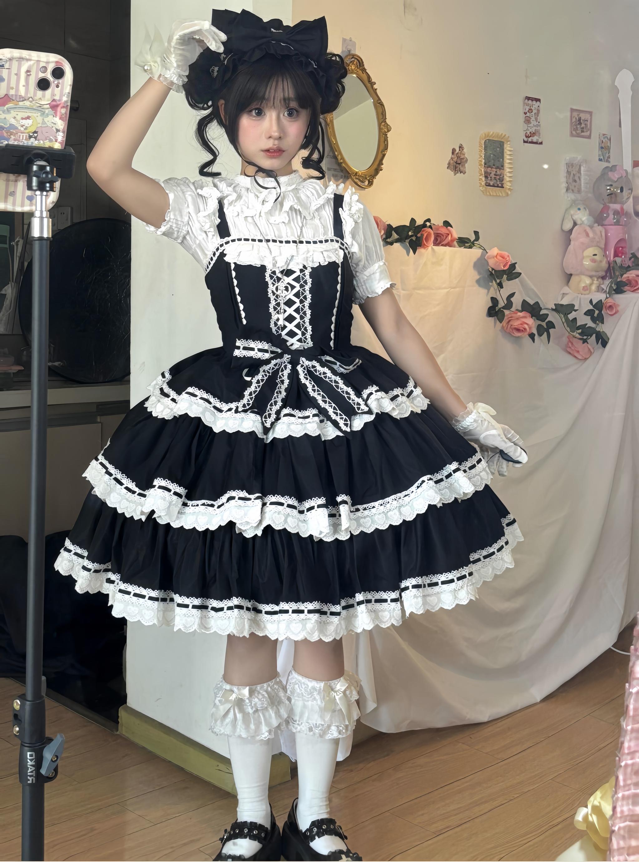 Cotton Old School Lolita JSK Dress Suit, Heart-Shaped Lace Trim