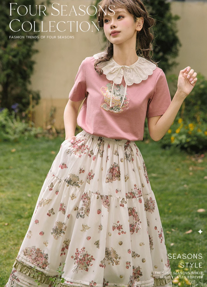 NyaNya - Four Seasons Collection - Sweet Lolita T-shirt Summer Loose Fit Embroidered T-shirt