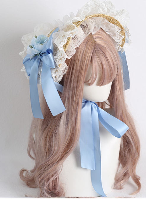 Xiaogui - Sweetie Zhi Fan - Country Lolita Lace French Straw Hat no restriction on head circumference, with fixing clip light blue