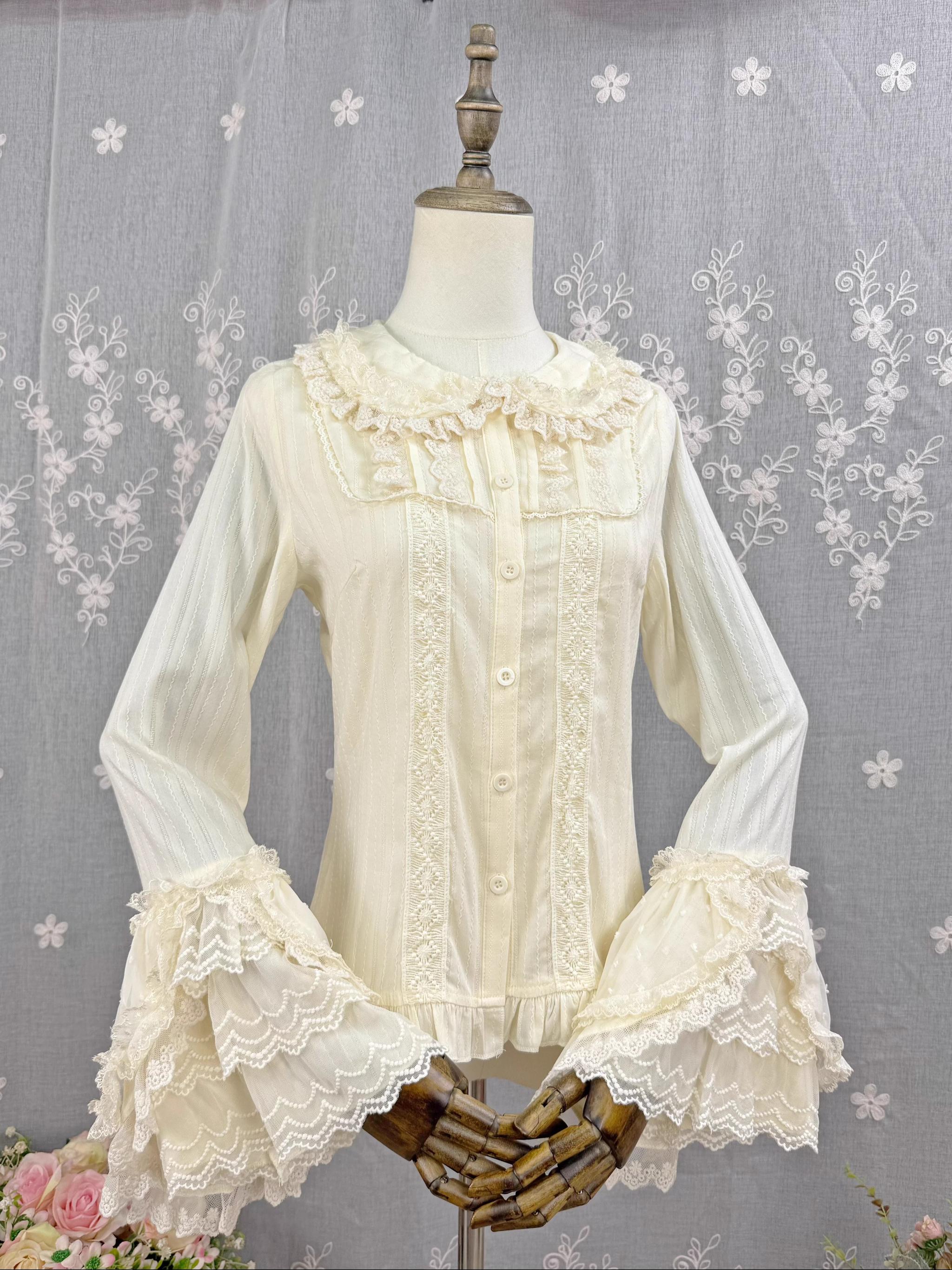 DMFS Lolita - Spiral Candy - Sweet Lolita Long Sleeve Cotton Shirt, Lace Accents Apricot - Hime Sleeve S