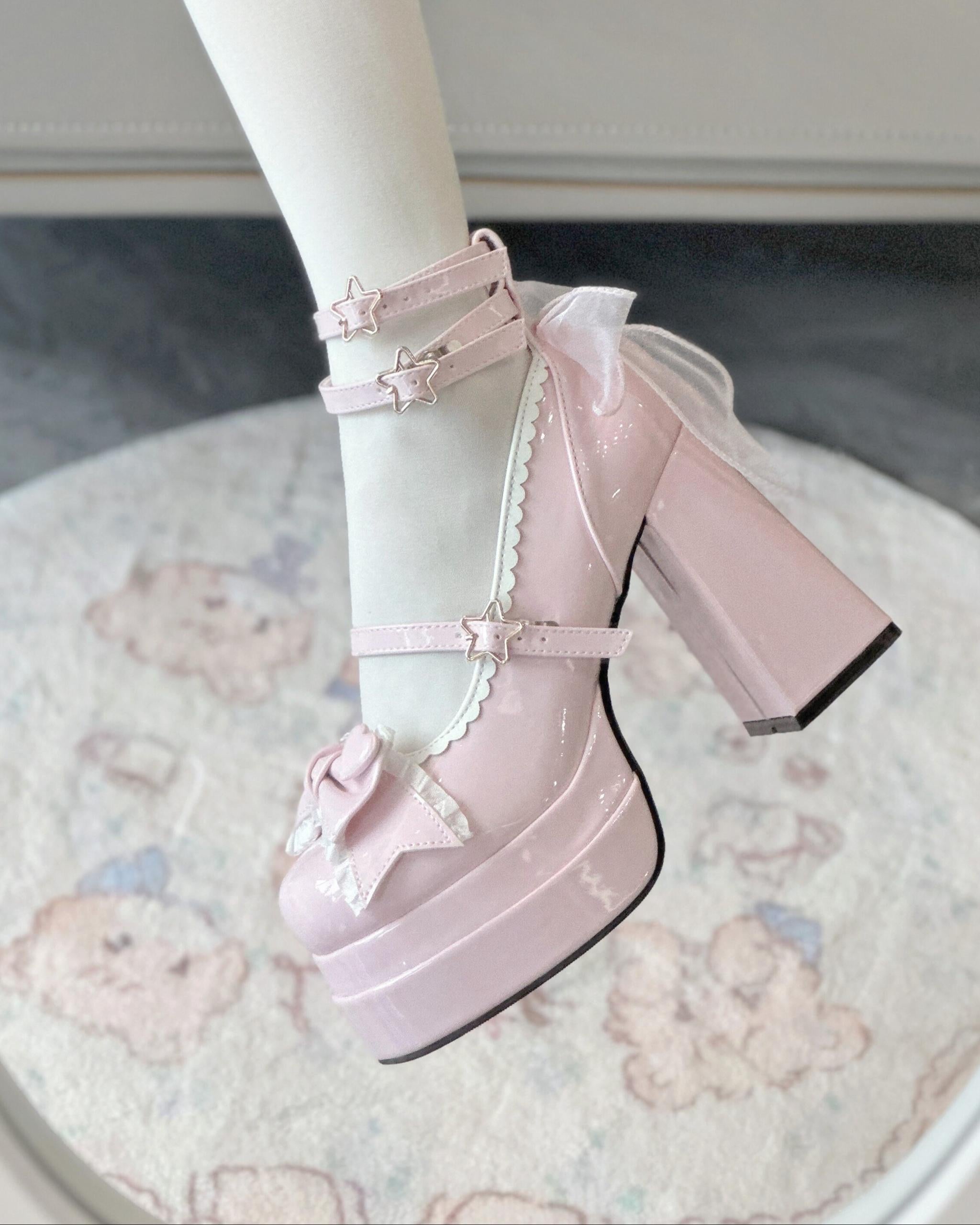 Puff Party - Elegant Lolita Chunky Heel Shoes, Bow & Straps
