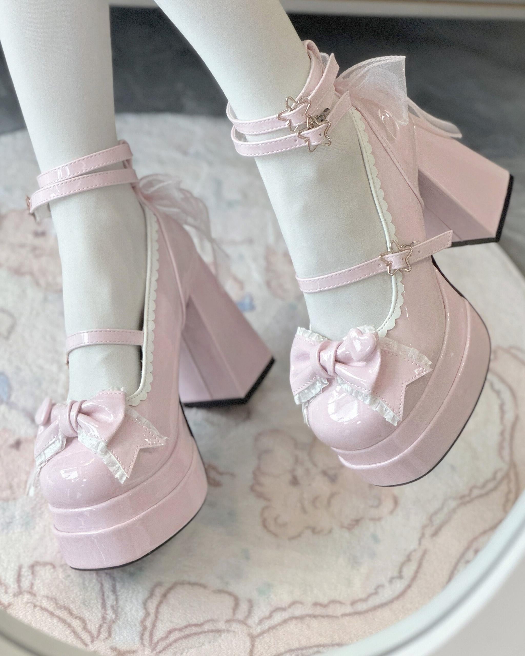 Puff Party - Elegant Lolita Chunky Heel Shoes, Bow & Straps Pink - PU Version 34