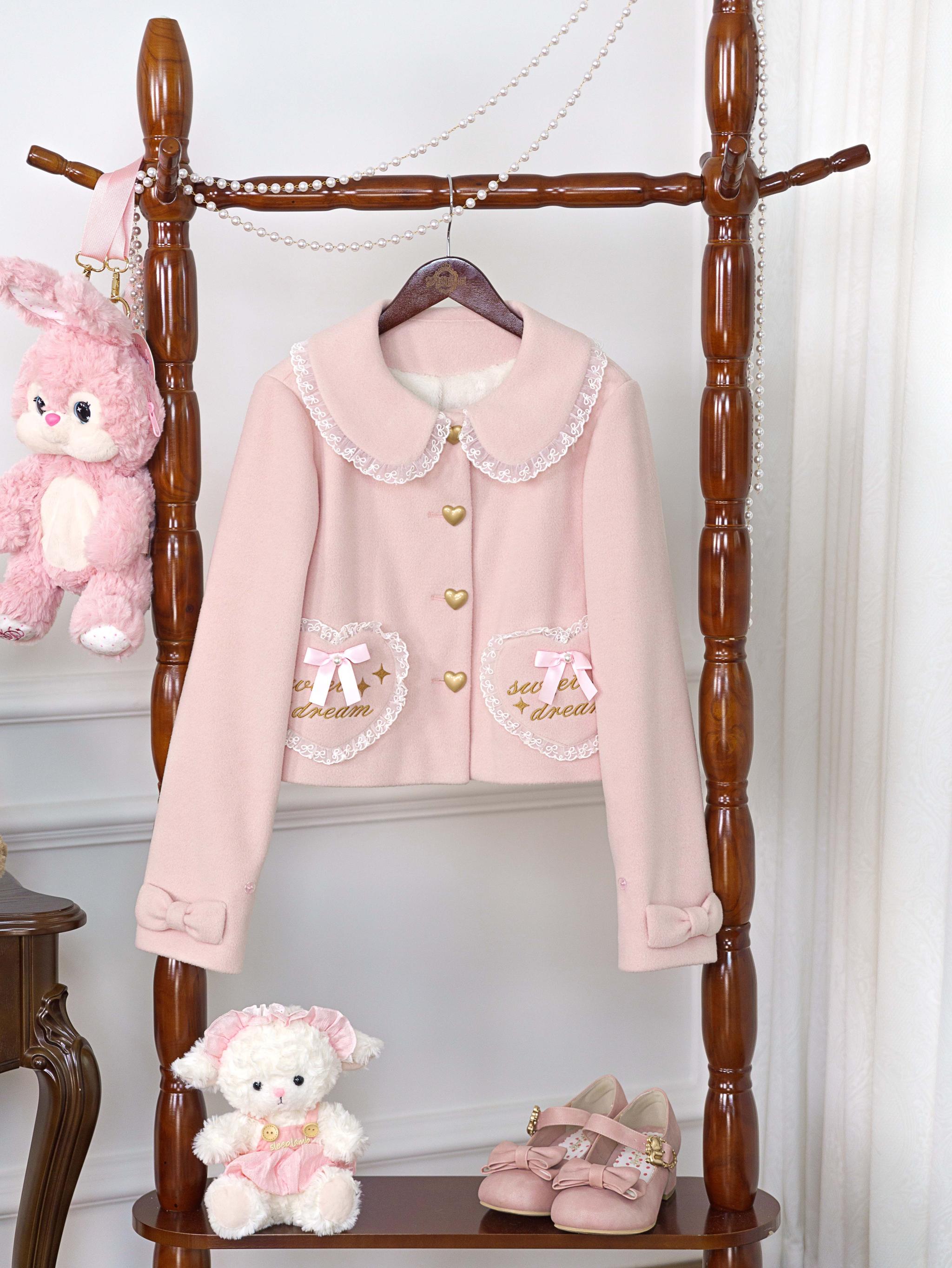 Milk Puff - Winter Fleece-lined Sweet Lolita Coat, Detachable Collar Pink Coat S