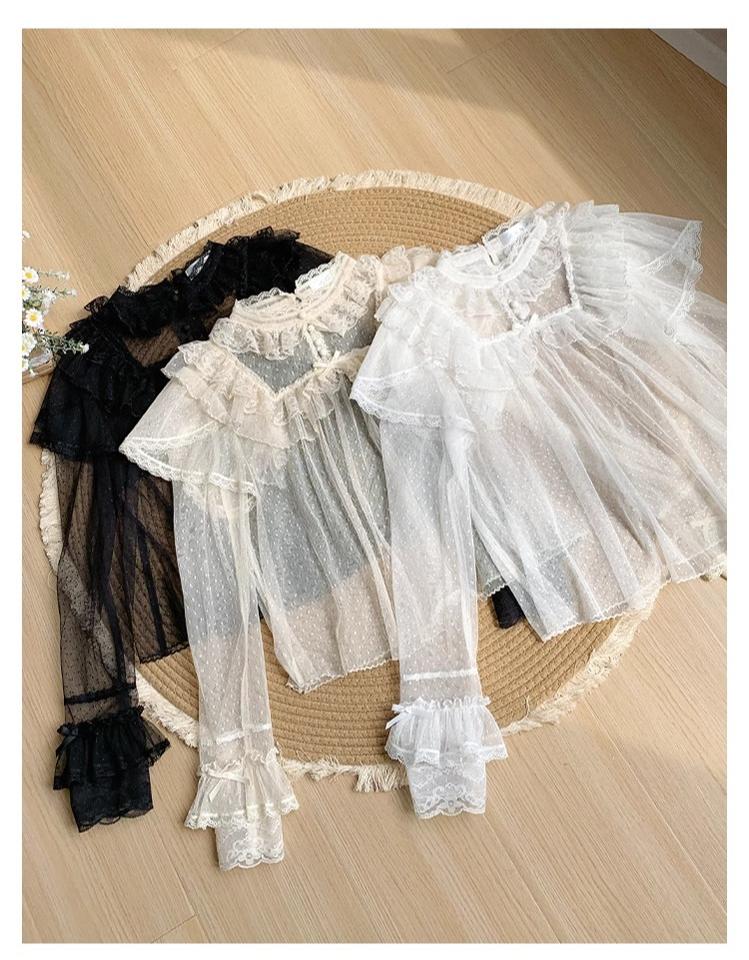 With PUJI~Letters and Poems~Summer Classic Lolita Shirt with Dotted Tulle and Long Sleeve 42792:753896