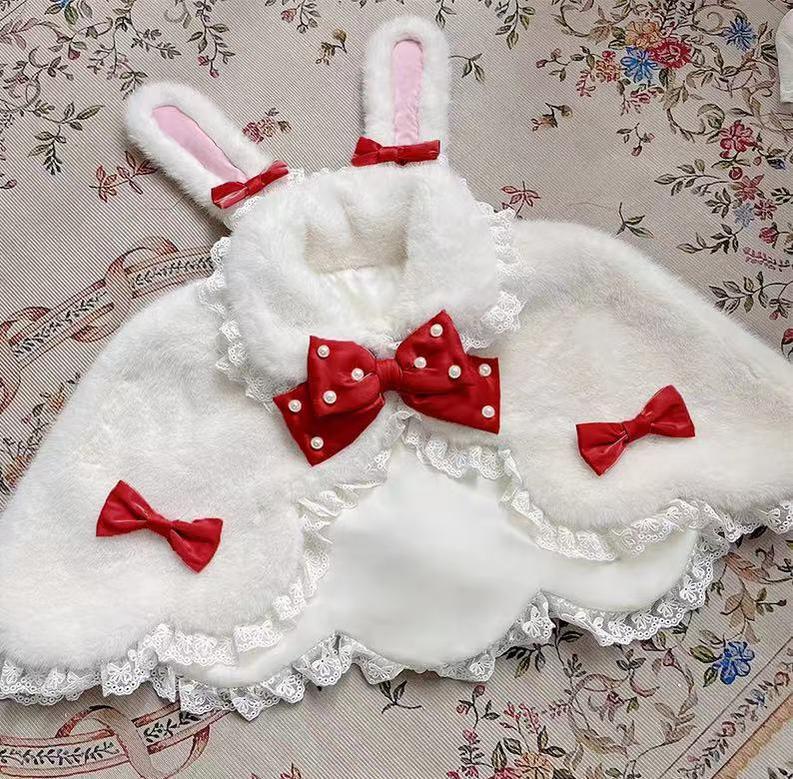 Letters from Unknown Star - Kawaii Lolita Cape Winter Lolita Shawl Daily One Size White cape + red bow