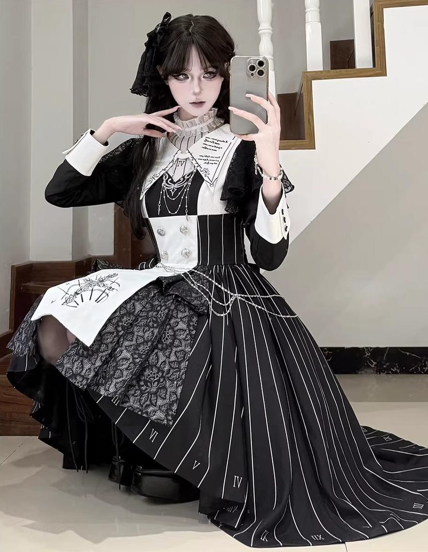 The Choir of the Church - Striped Gothic Lolita Dress Set, High-low Hem
