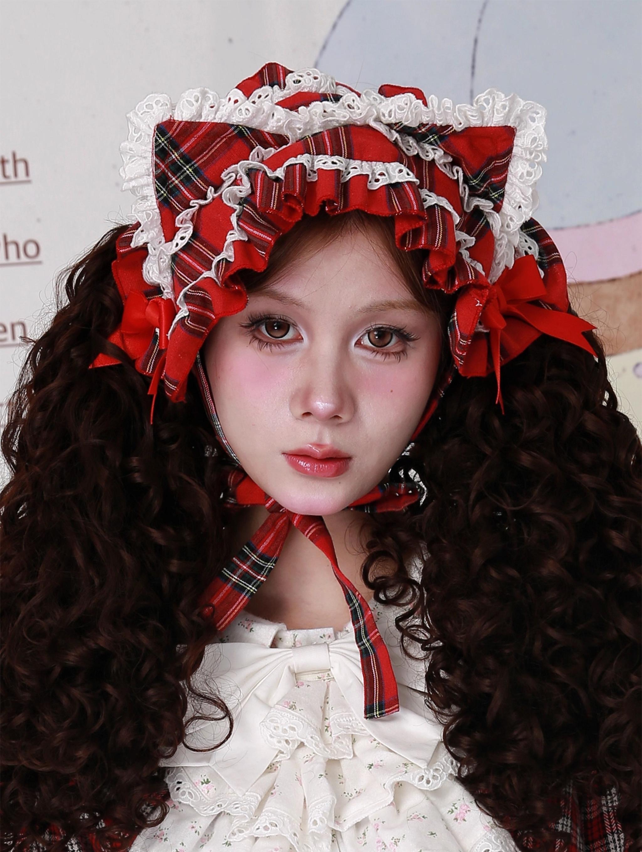 Soso Meme Club - Christmas Sweet Lolita Hairband, Red Plaid Cat Ear 44110:795098