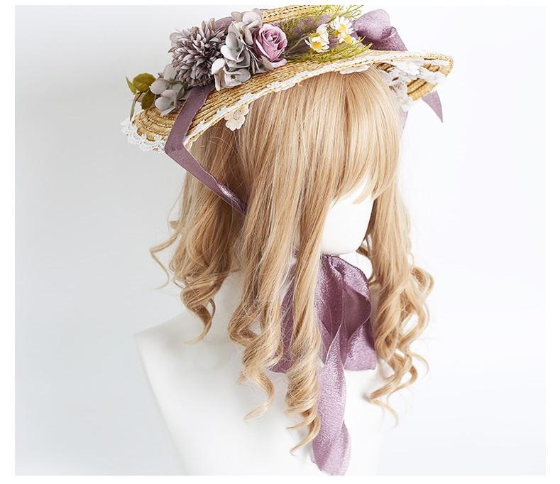 Xiaogui - Elegant Lolita Flower Bow Lace Sunhat haze purple Cap diameter 32cm