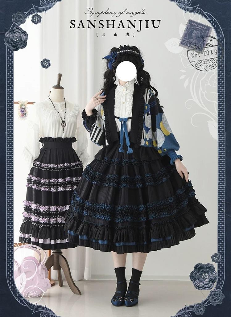 Wings and Bouquet - Dark Classic Lolita Blouse and SK Set, Layered Blue Ruffles 45680:858342