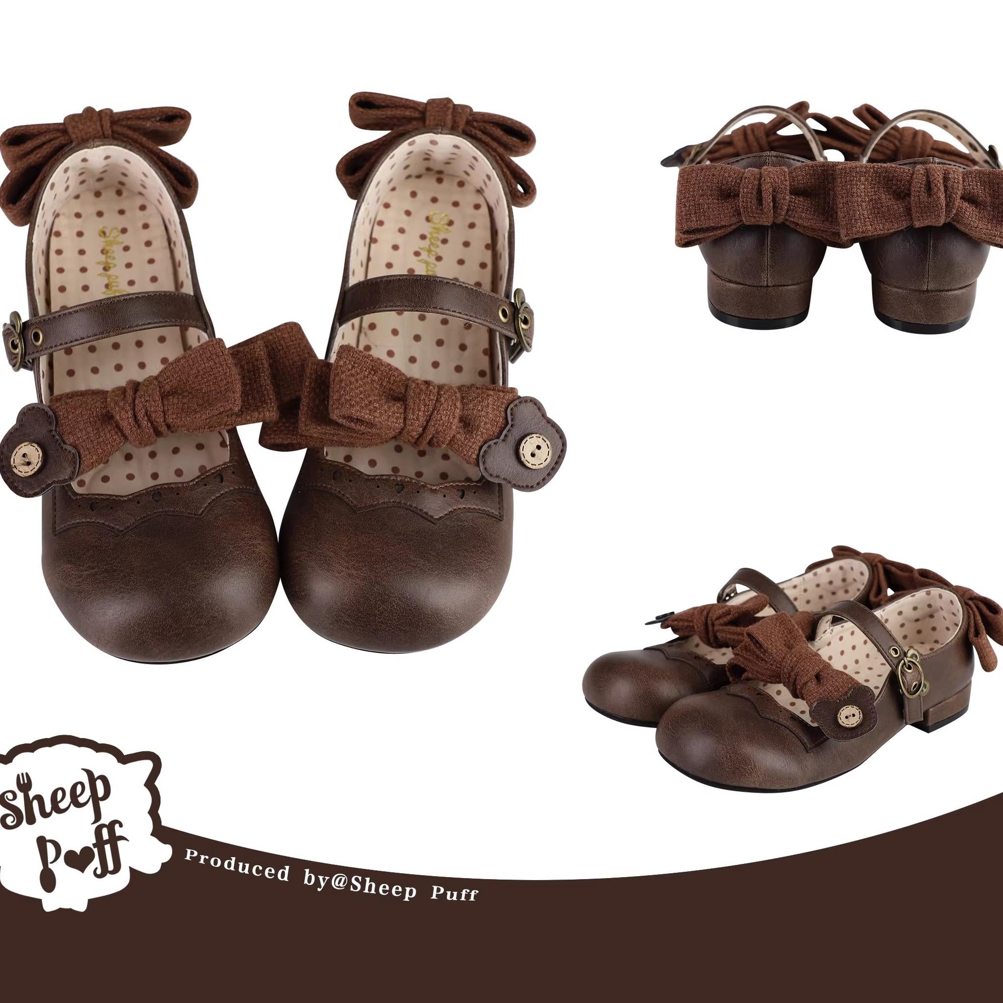 Sheep Puff - Bear Room - Sweet Lolita Shoes Double Bow Round Toe Flat Shoes dark brown 34