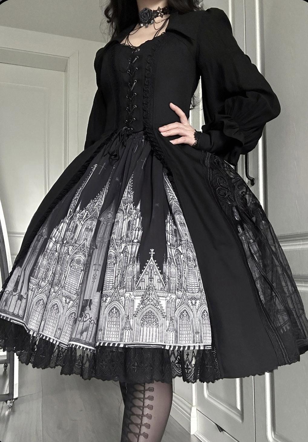 Susin Lolita - Night Traveler - Gothic Lolita Skirt Outfit Long Coat Shirt and Bustier Set