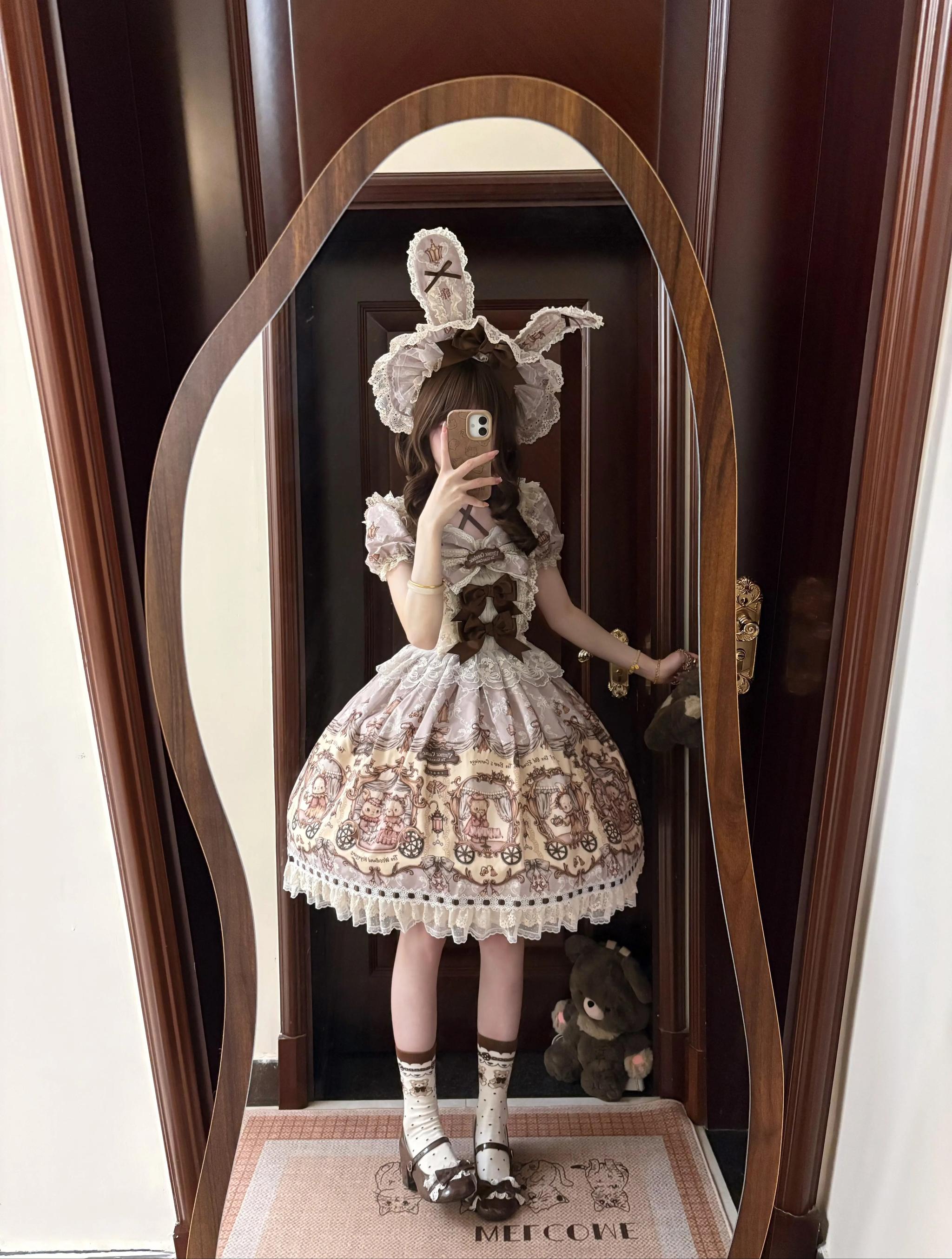 Bunny and Bear - Printed Sweet Lolita Dress, Lace and Bow Details Brown OP Only S