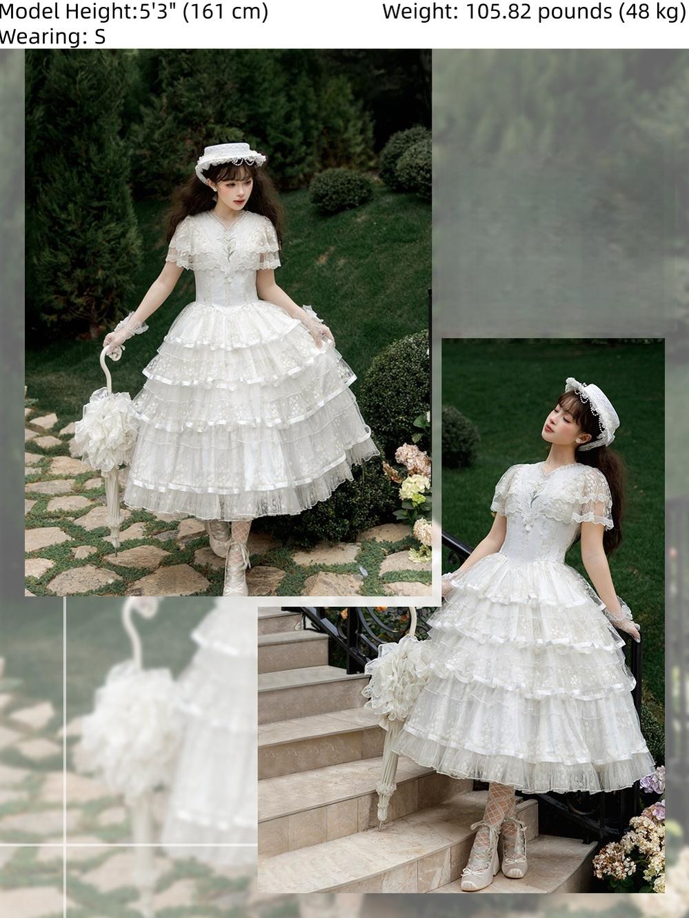 Morning Dew Lily - White Classic Lolita OP Dress, Tiered Skirt