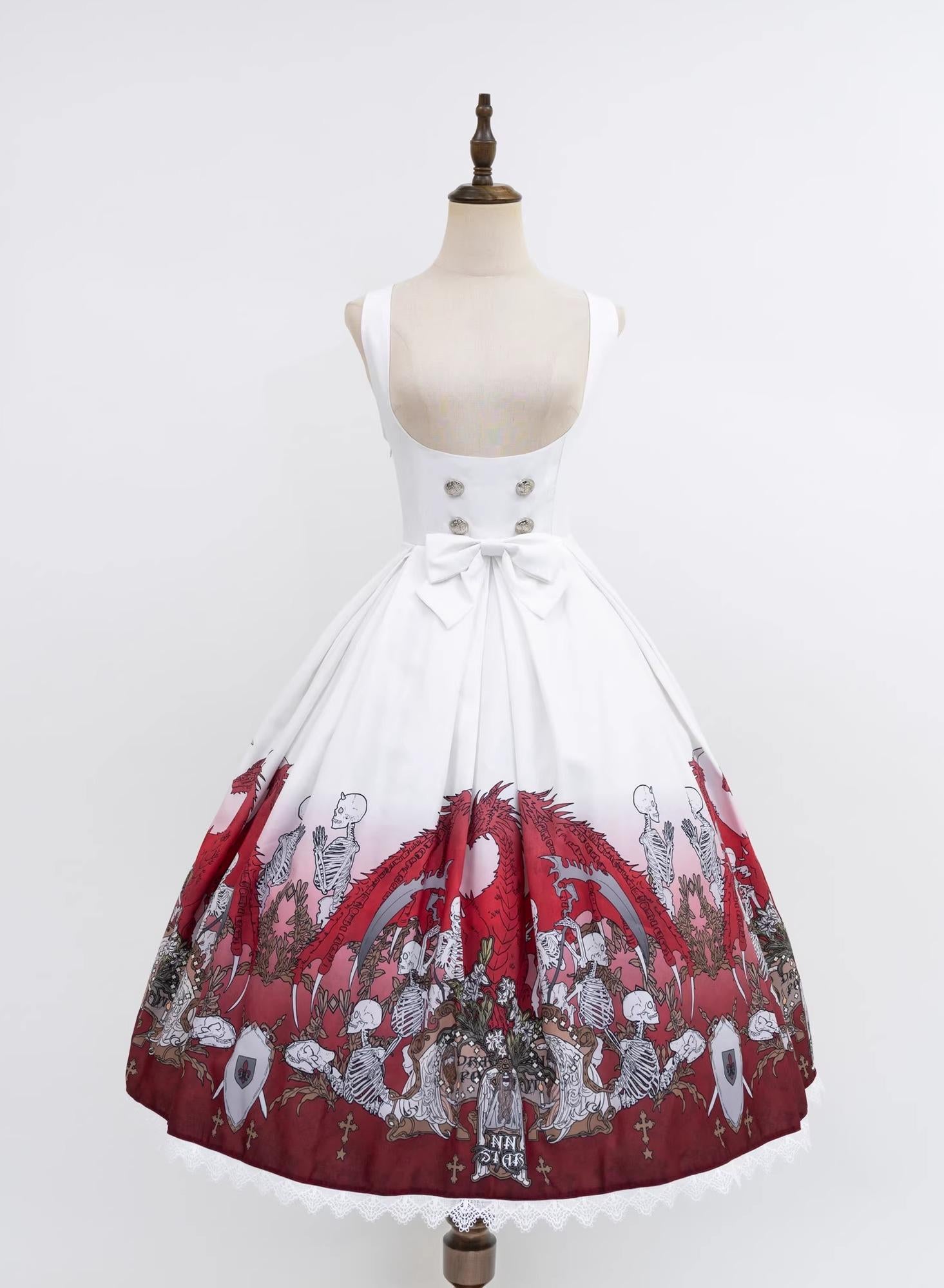 Nn Star - Dragon Bone Lily - Bone Printed Bust-Supporting Gothic Lolita JSK White and Red JSK S